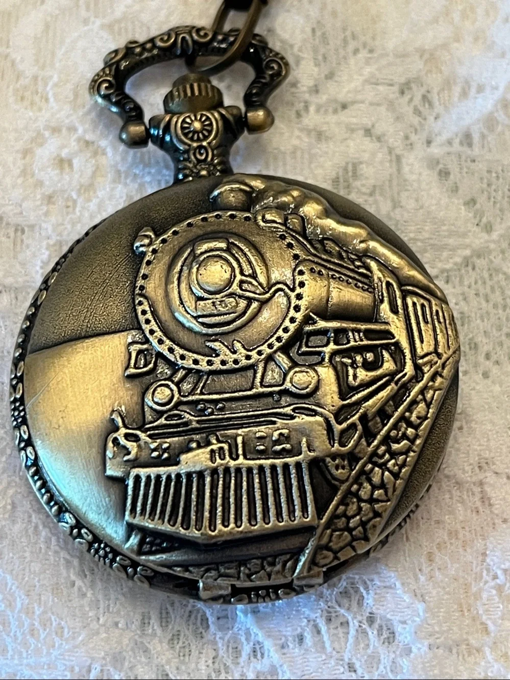 Antique-Style Train Pocket Watch Pendant - Bronze Tone